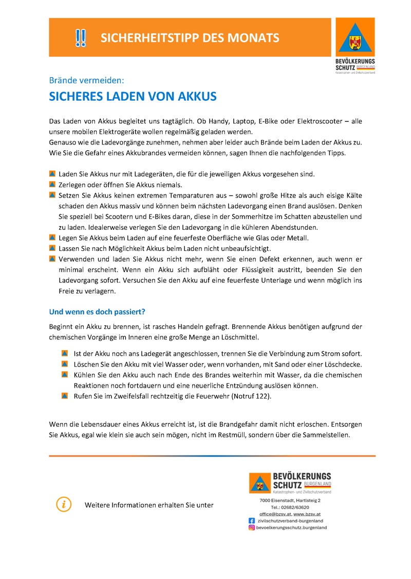 Sicherheitstipp Bevölkerungsschutz Burgenland - Sicheres Laden von Akkus